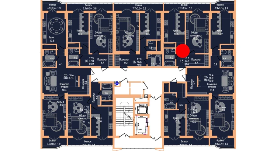 1-xonali xonadon 47.3 m²  12/12 qavat