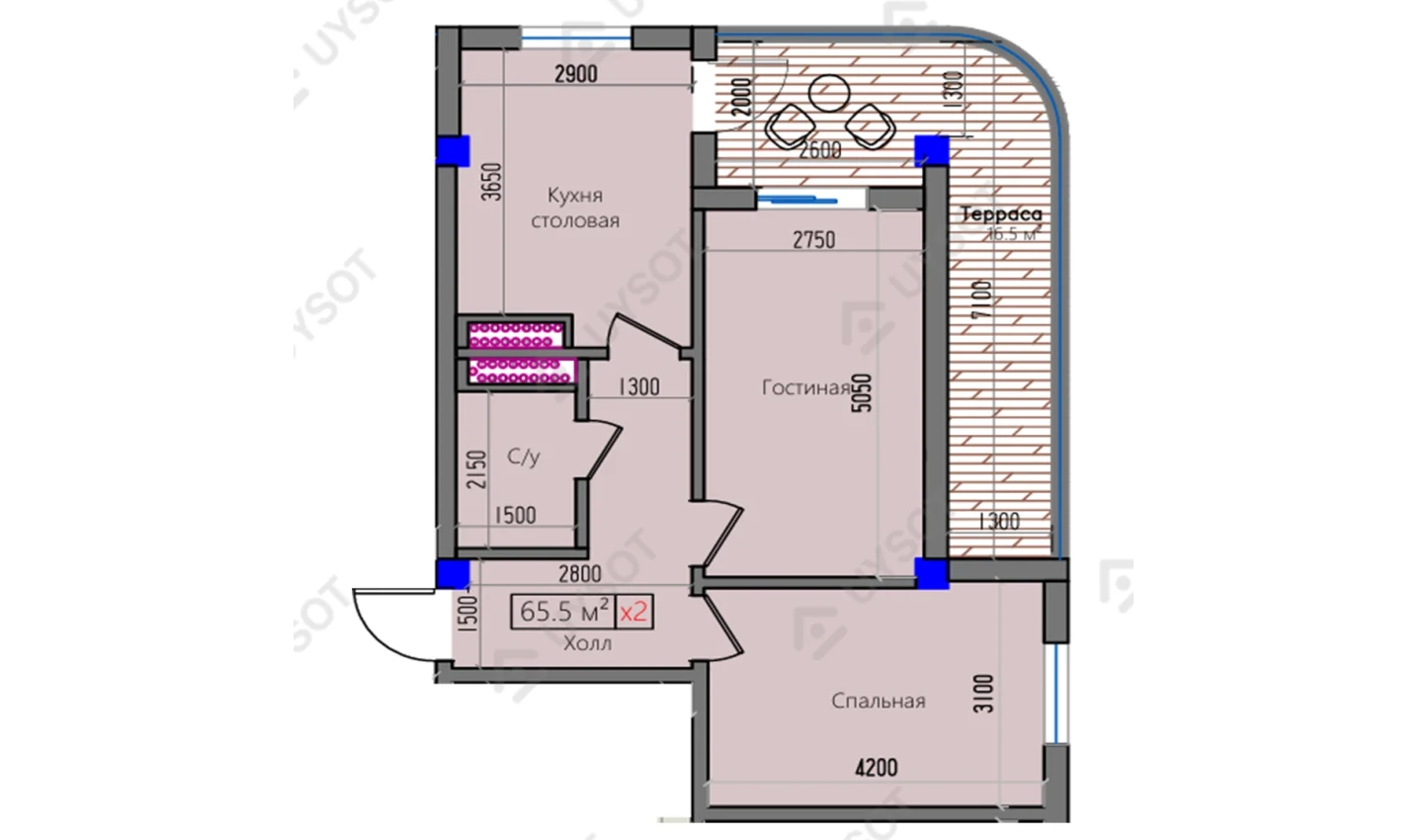 2-комнатная квартира 65.5 м²  12/12 этаж