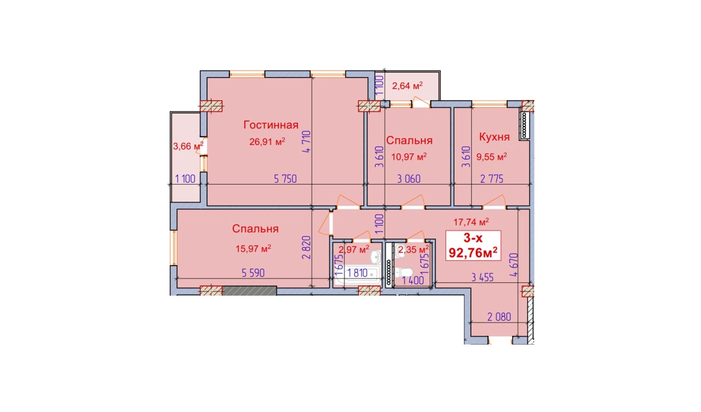 3-xonali xonadon 86.46 m²  9/9 qavat