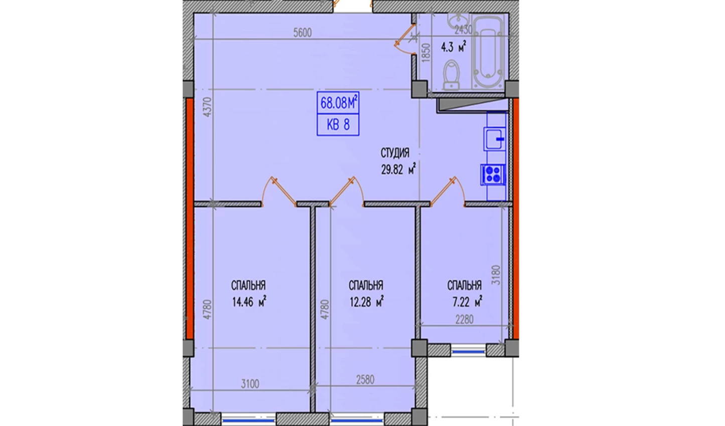 3-комнатная квартира 68.08 м²  2/2 этаж