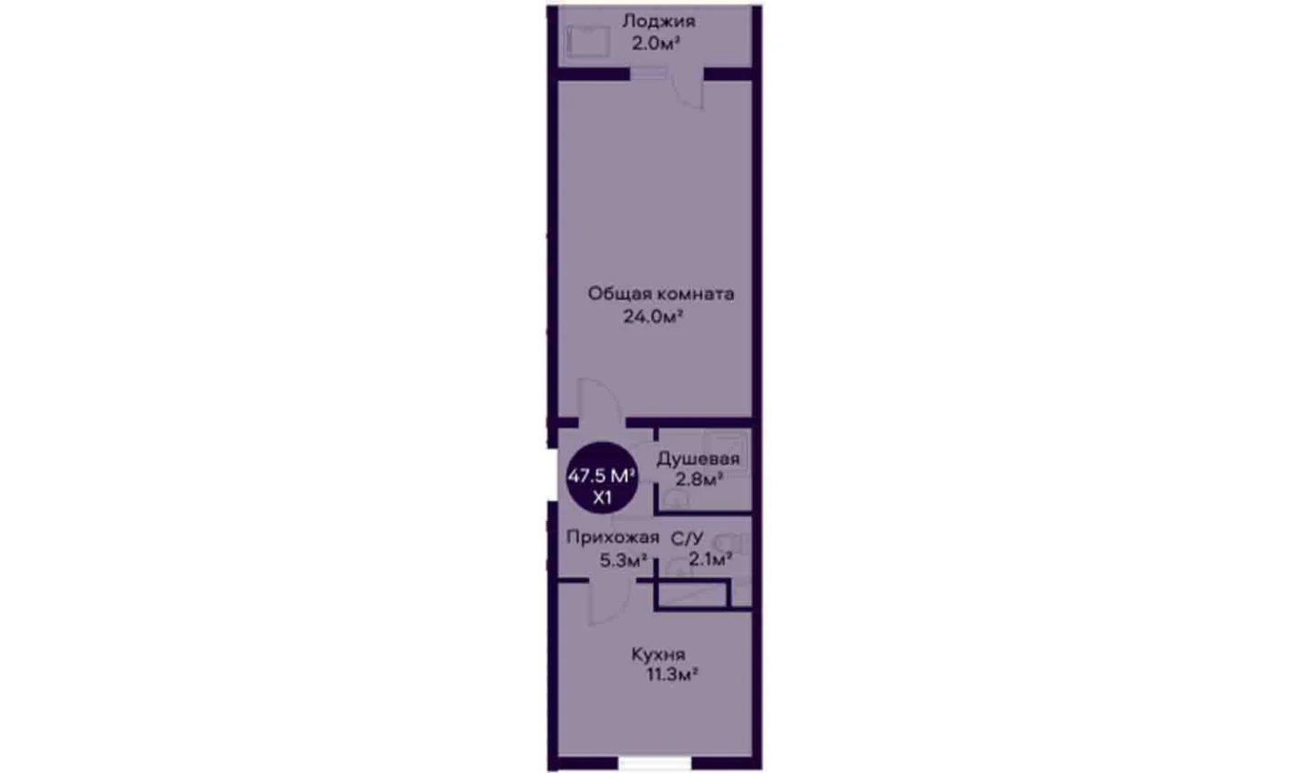 1-комнатная квартира 47.5 м²  2/2 этаж