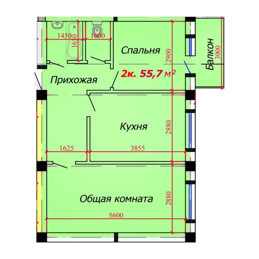 2-комн. квартира 55.7 м²  8/9 этаж | Жилой комплекс VATAN