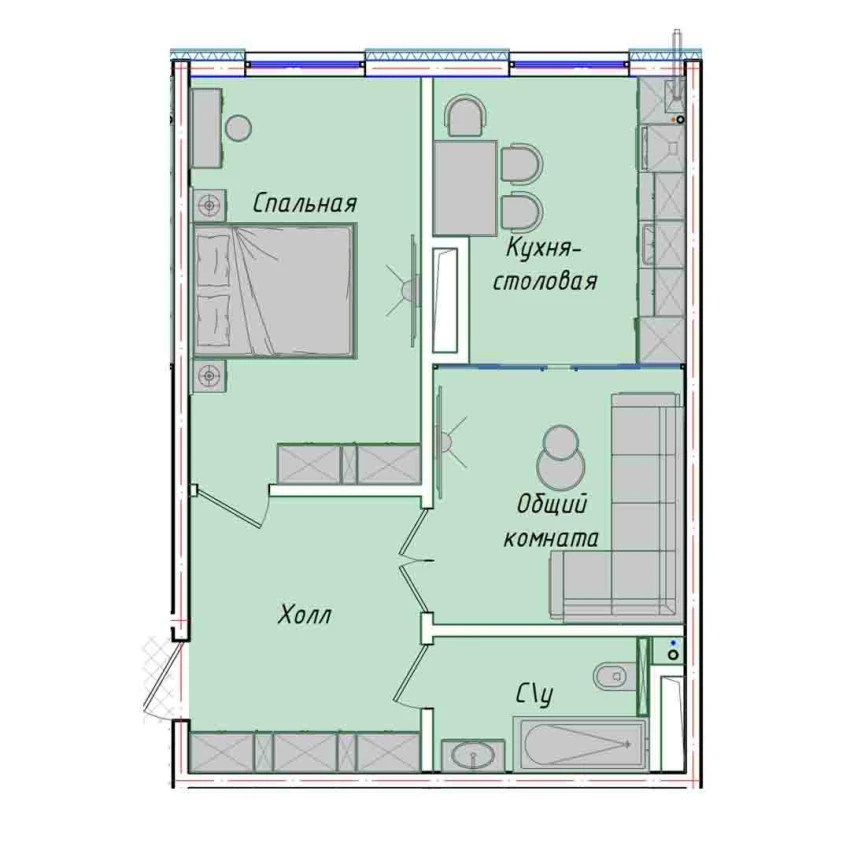 2-комнатная квартира 50.85 м²  1/1 этаж