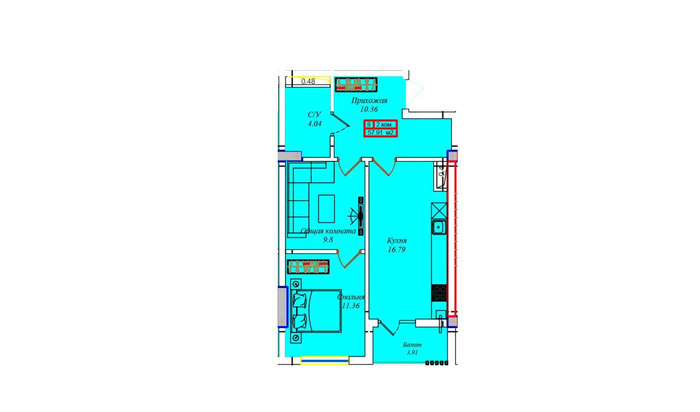 1-комнатная квартира 56.68 м²  7/7 этаж