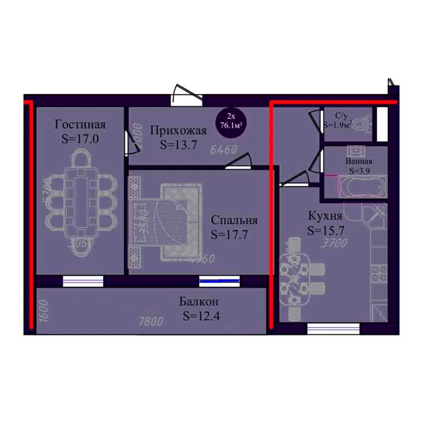 2-комнатная квартира 76.1 м²  6/6 этаж