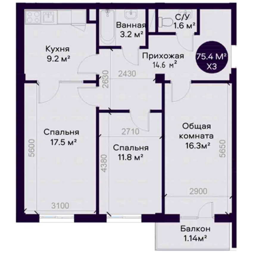 3-комн. квартира 75.4 м²  5/7 этаж | Жилой комплекс YAQINLAR