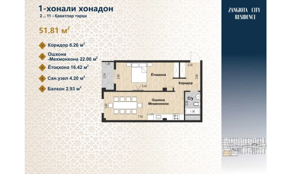 1-комнатная квартира 51.81 м²  3/12 этаж | Жилой комплекс Zangota City 1 -ETAP