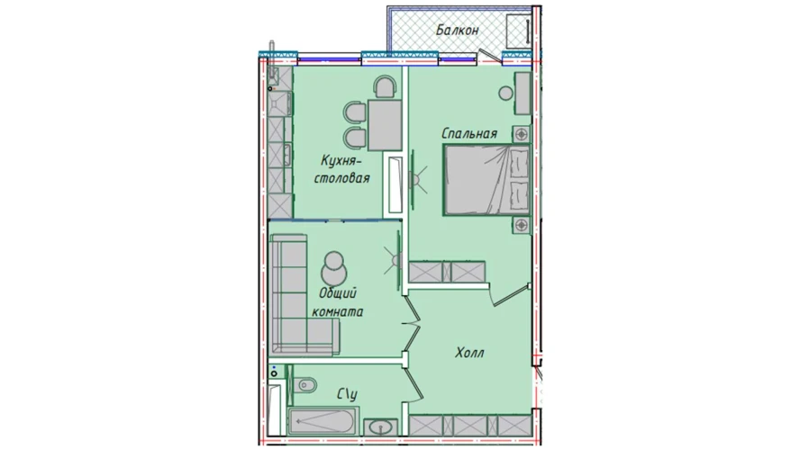 2-xonali xonadon 54.85 m²  16/16 qavat