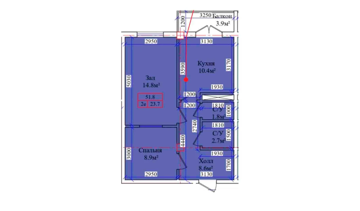 2-комнатная квартира 51.8 м²  5/5 этаж