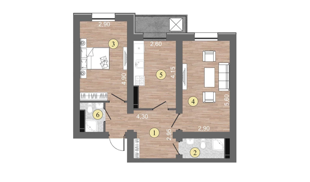 2-xonali xonadon 57 m²  1/1 qavat