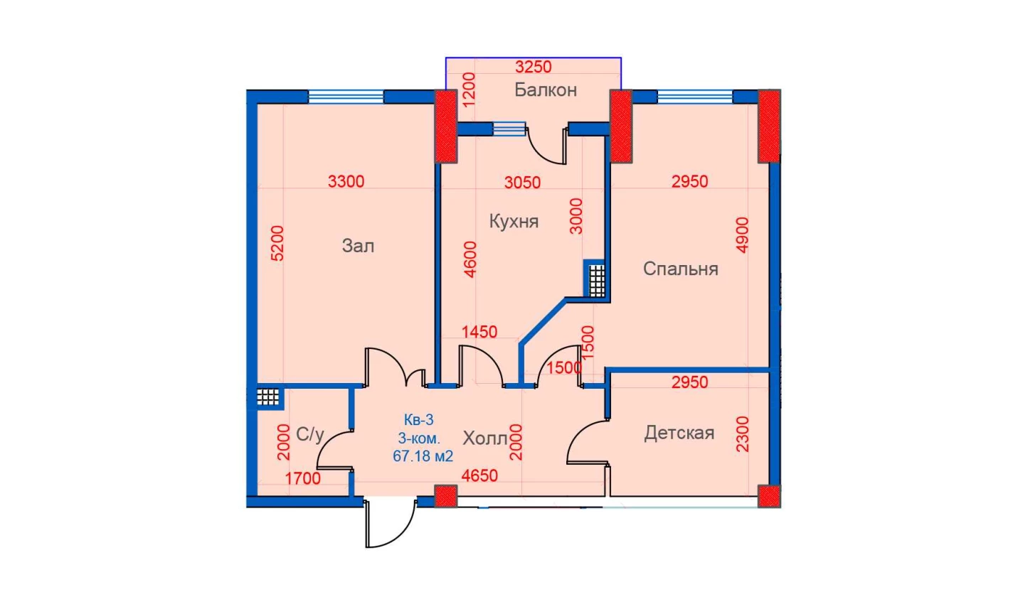 3-xonali xonadon 67.18 m²  9/9 qavat