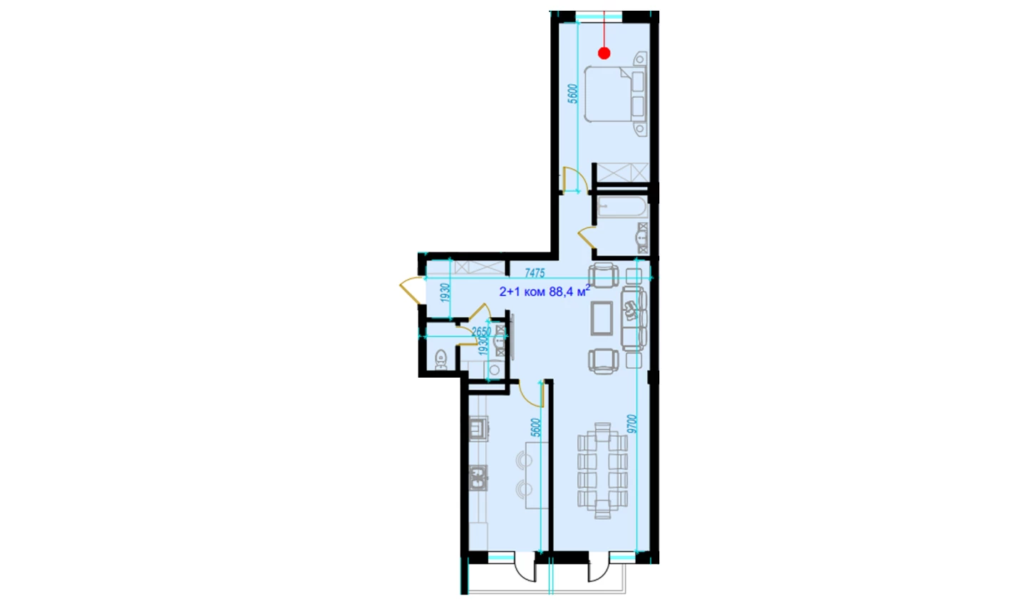 2-комнатная квартира 93 м²  9/9 этаж