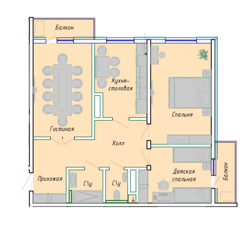 3-комн. квартира 87.26 м²  3/12 этаж | Жилой комплекс SERGELI CITY