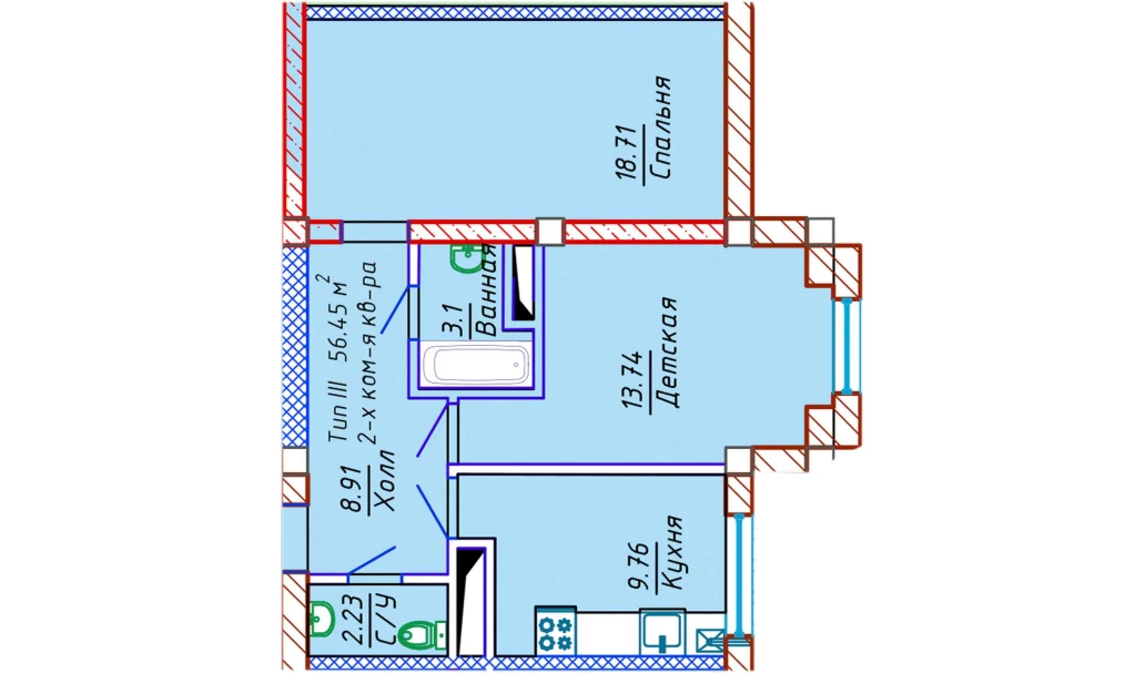 2-комнатная квартира 56.45 м²  9/9 этаж