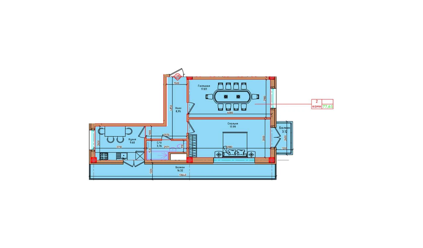 2-xonali xonadon 58.17 m²  2/2 qavat