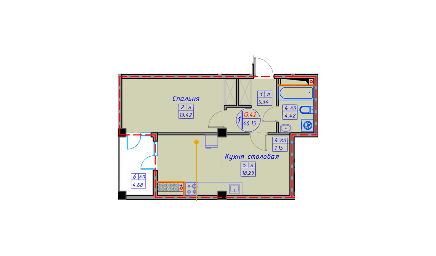 1-комн. квартира 50.95 м²  2/12 этаж | Жилой комплекс SPUTNIK AVENUE