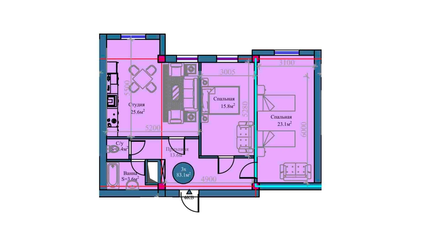 3-комнатная квартира 83.1 м²  7/7 этаж