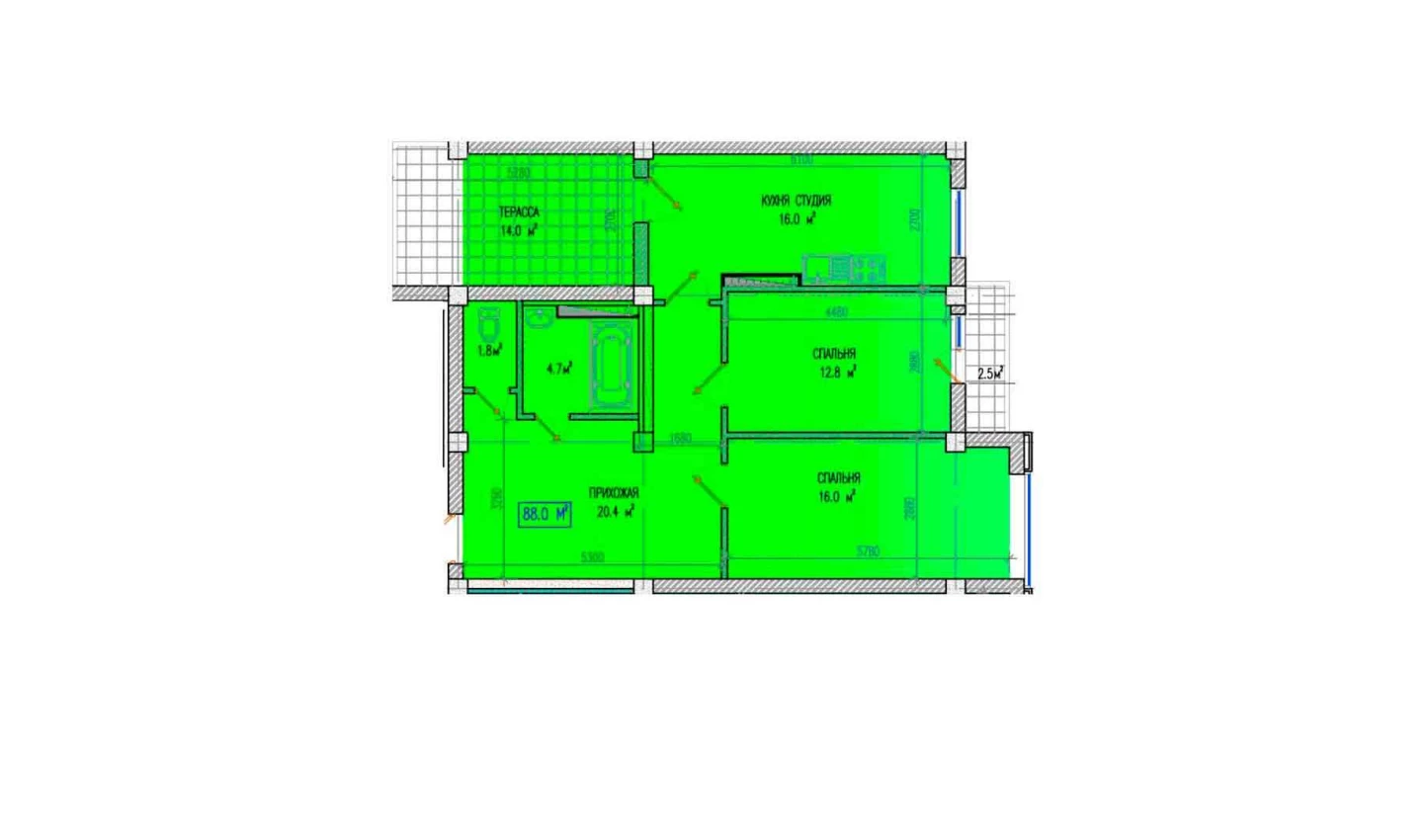 3-комнатная квартира 88 м²  3/3 этаж