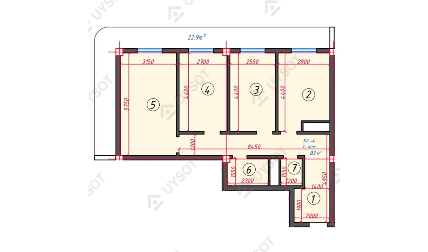 3-xonali xonadon 83 m²  6/6 qavat