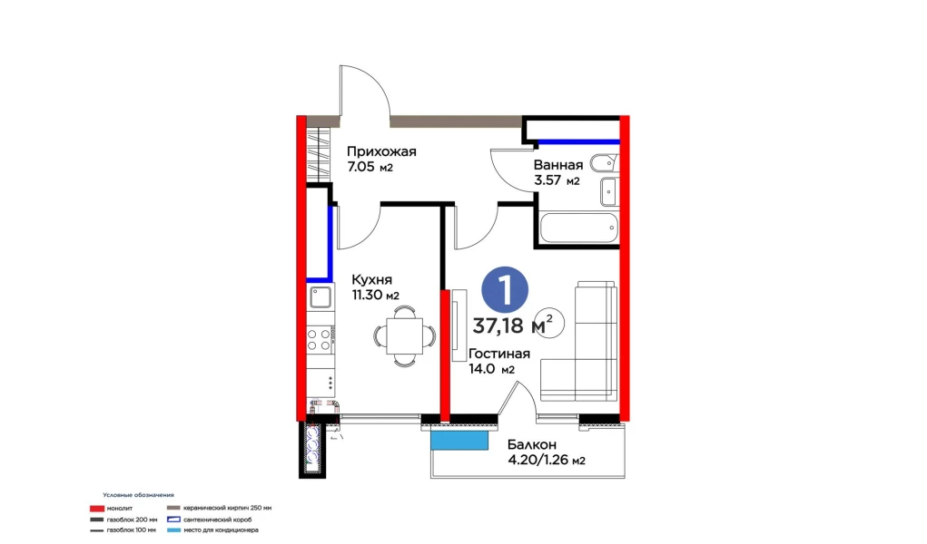 1-комнатная квартира 37.18 м²  11/11 этаж