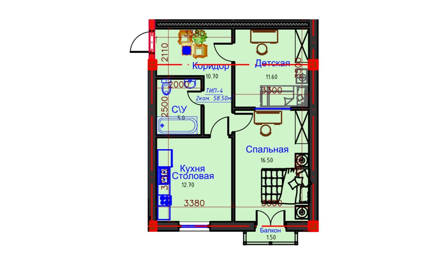 2-комнатная квартира 58.5 м²  9/9 этаж