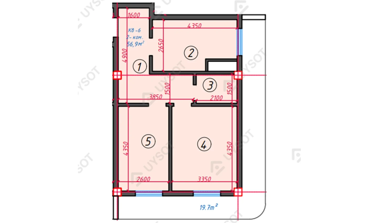 2-xonali xonadon 56.9 m²  9/9 qavat