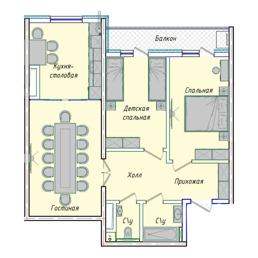 3-комнатная квартира 74.14 м²  15/15 этаж