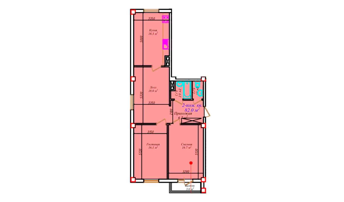 2-комнатная квартира 82 м²  7/7 этаж