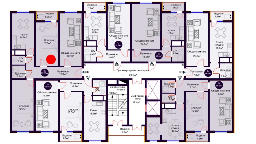 3-xonali xonadon 90.65 m²  15/15 qavat