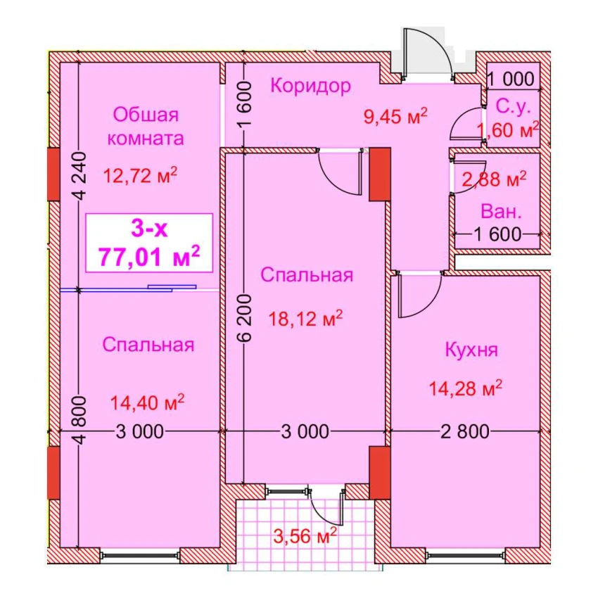 3-xonali xonadon 77.01 m²  7/8 qavat | CAPITAL AVENUE Turar-joy majmuasi