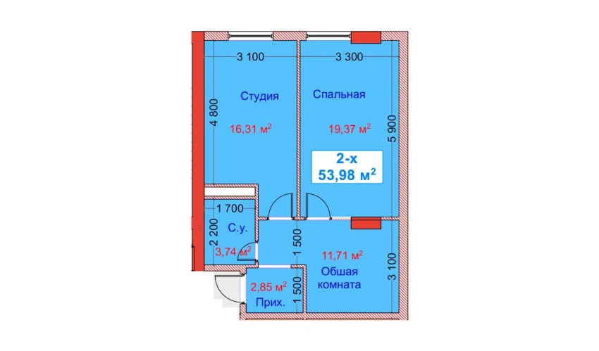 2-xonali xonadon 53.98 m²  2/8 qavat | CAPITAL AVENUE Turar-joy majmuasi