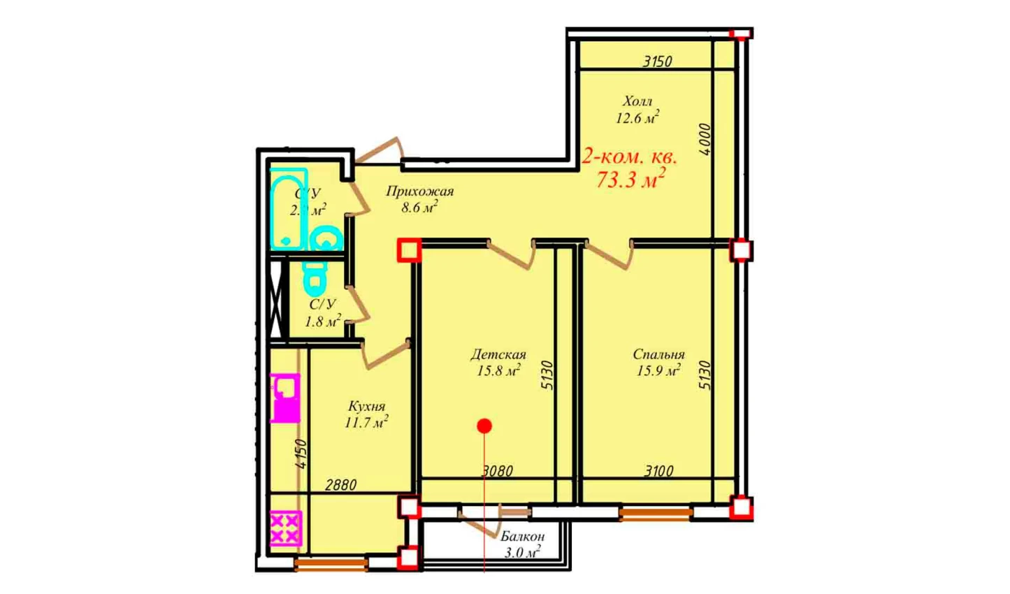 2-комнатная квартира 73.3 м²  6/6 этаж