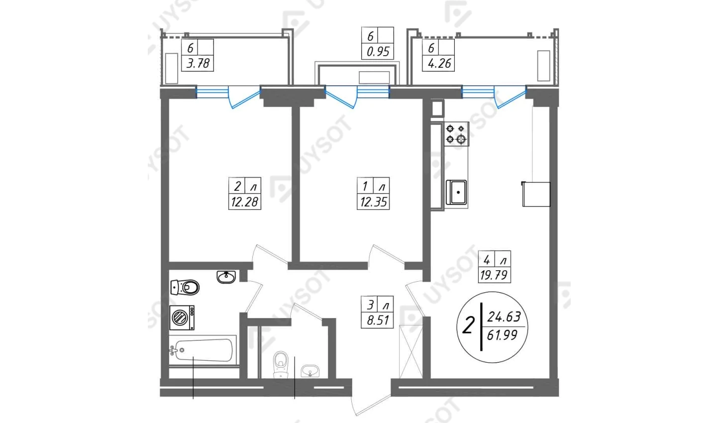 1-комнатная квартира 61.99 м²  8/8 этаж