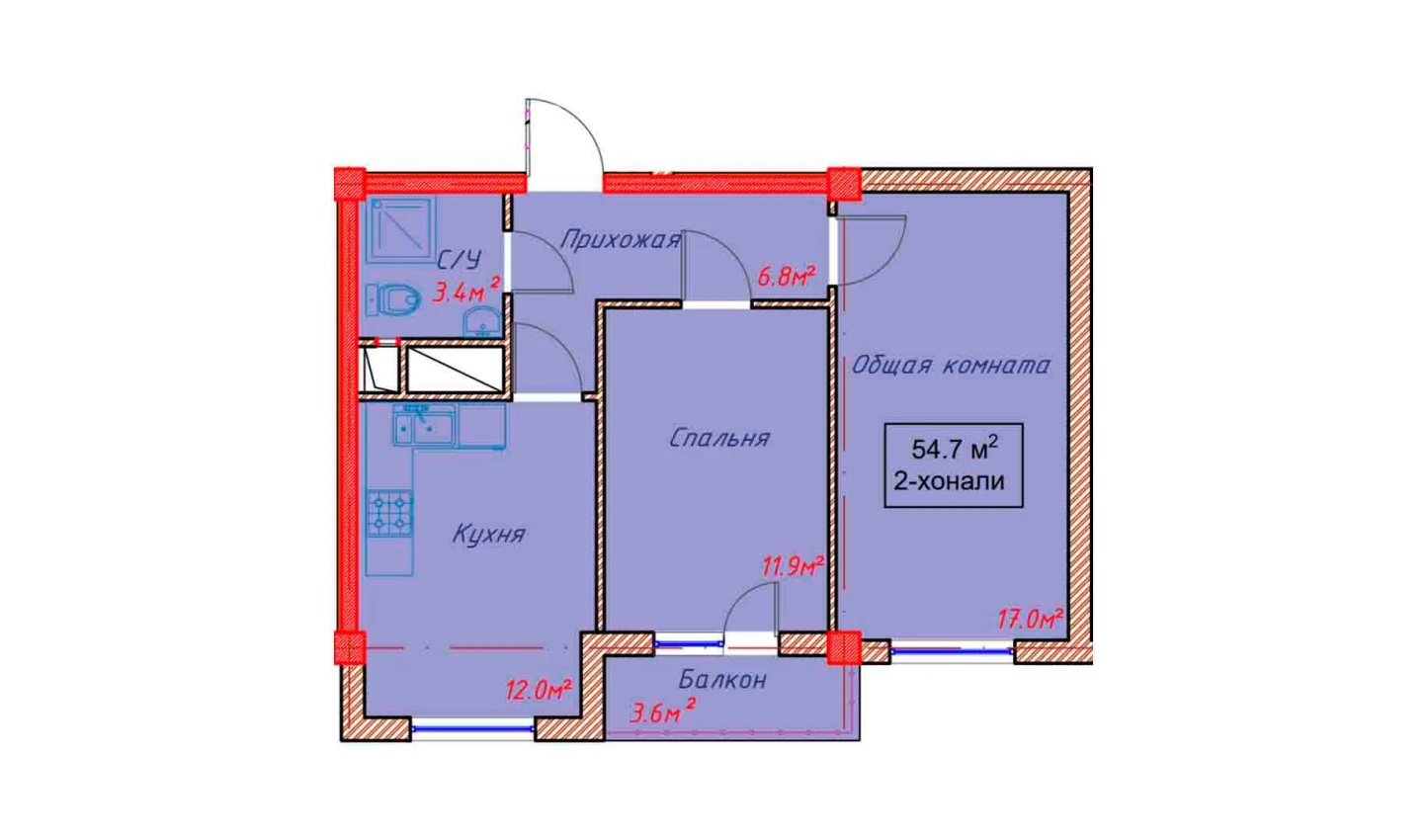 2-xonali xonadon 54.7 m²  9/9 qavat