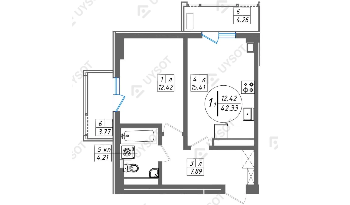 1-комнатная квартира 42.33 м²  13/13 этаж