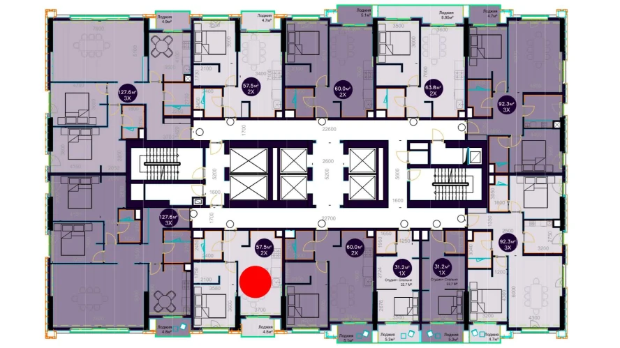 2-комнатная квартира 57.5 м²  7/7 этаж