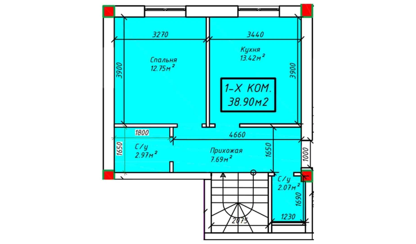 1-xonali xonadon 38.9 m²  1/1 qavat