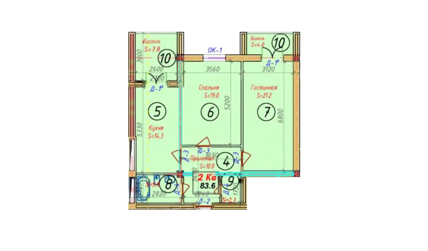 2-xonali xonadon 82.8 m²  6/6 qavat