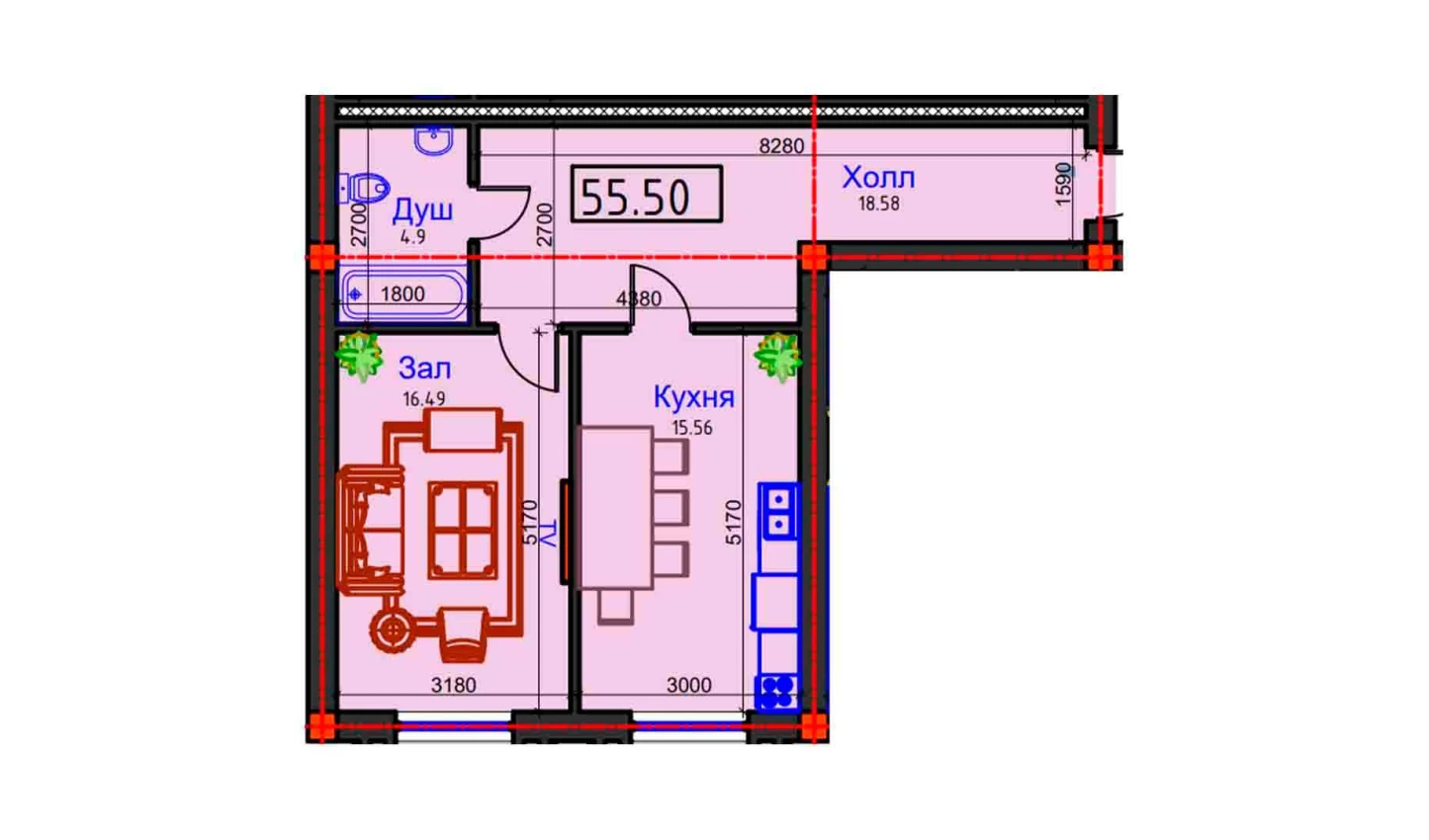 1-xonali xonadon 55.5 m²  1/1 qavat