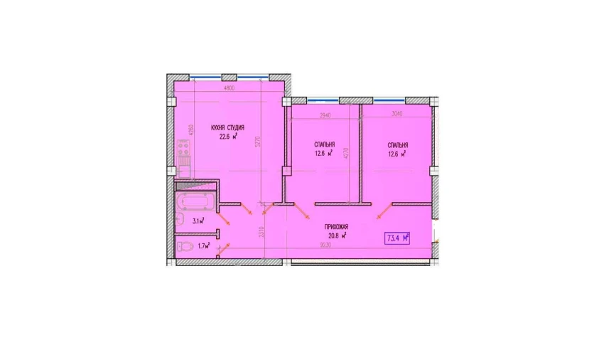 3-xonali xonadon 73.4 m²  1/1 qavat