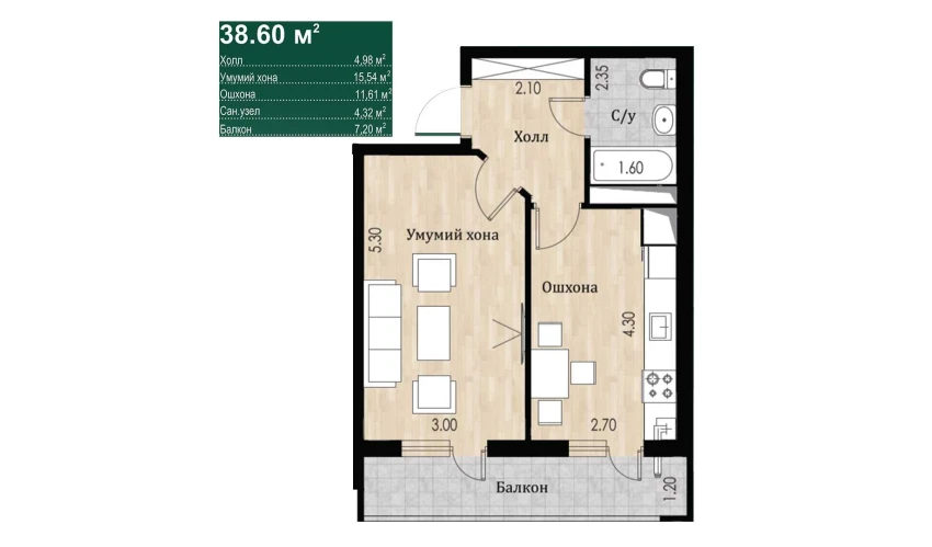 1-xonali xonadon 38.6 m²  12/16 qavat | SOKIN DIYOR Turar-joy majmuasi