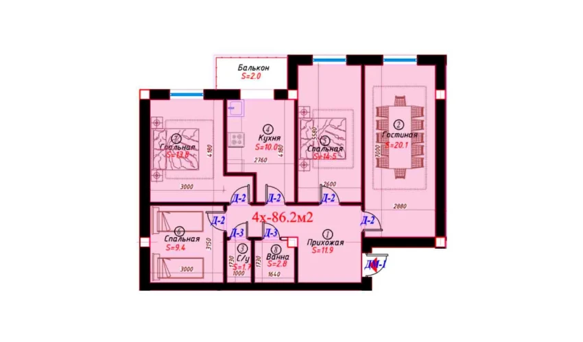 4-комнатная квартира 86.2 м²  6/6 этаж