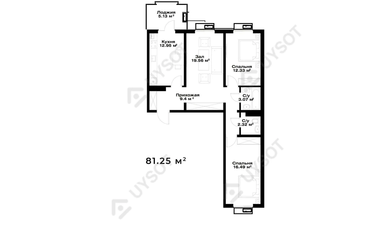 3-комнатная квартира 81.25 м²  1/1 этаж