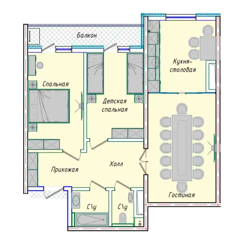 3-комнатная квартира 74.14 м²  13/13 этаж