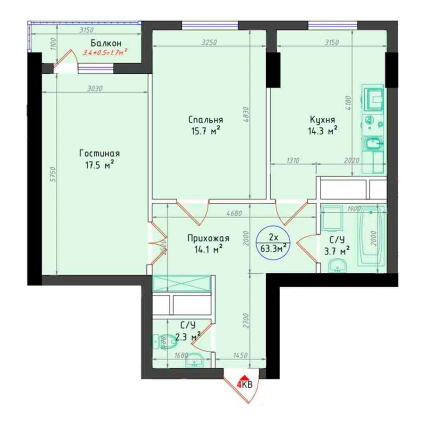 2-xonali xonadon 63.3 m²  7/25 qavat | Brilliant City Turar-joy majmuasi