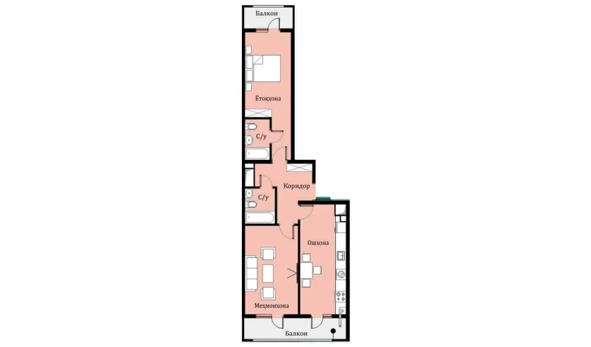 2-комнатная квартира 63.99 м²  12/16 этаж | Жилой комплекс SOKIN DIYOR