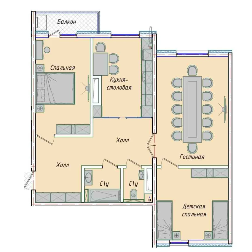 3-xonali xonadon 87.34 m²  15/15 qavat