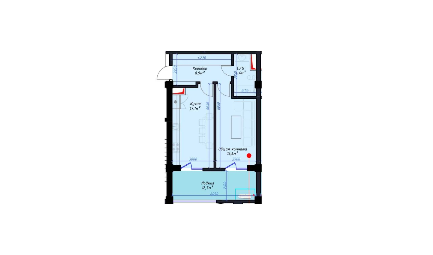 1-комнатная квартира 58.7 м²  7/7 этаж