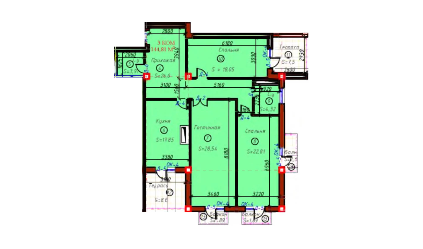 3-xonali xonadon 144.81 m²  4/4 qavat