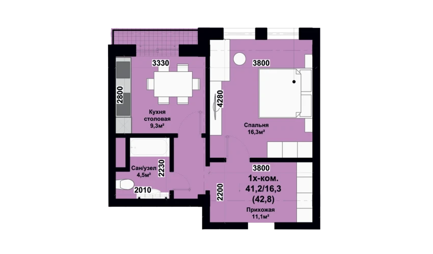 1-xonali xonadon 42.8 m²  2/2 qavat